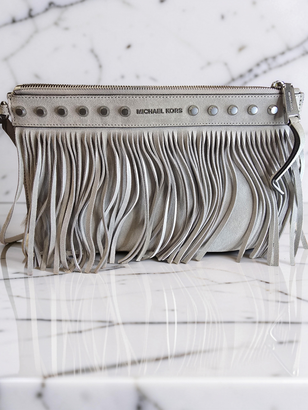 Michael Kors Billy XL Zip Clutch in Cement Leather NWT